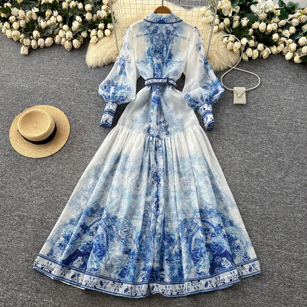 Vintage court style blue and white porcelain print dress - women's spring long sleeve slimming a-line maxi dress - elegant and chic