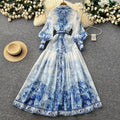 Vintage court style blue and white porcelain print dress - women's spring long sleeve slimming a-line maxi dress - elegant and chic