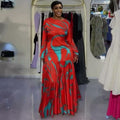 European and american cross-border women's spring  new arrival: elegant printed round neck backless slim-fit pleated maxi dress