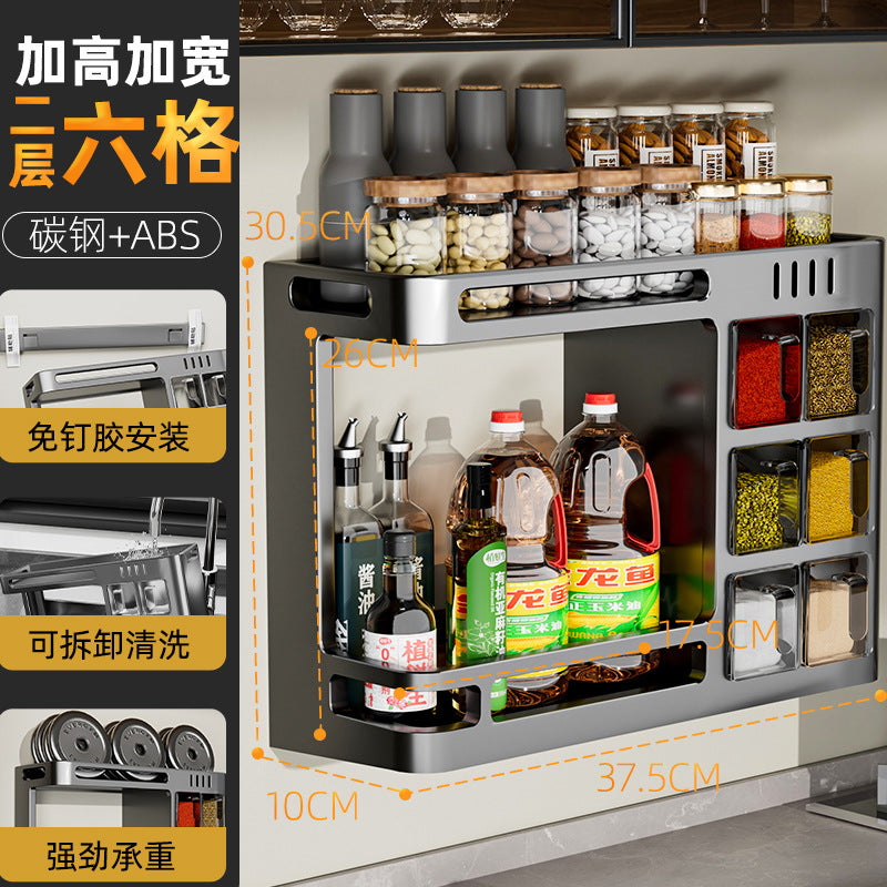 Kitchen wall-mounted organizer rack for oil, salt, sauce, vinegar, and condiments - multi-functional, punch-free, home storage