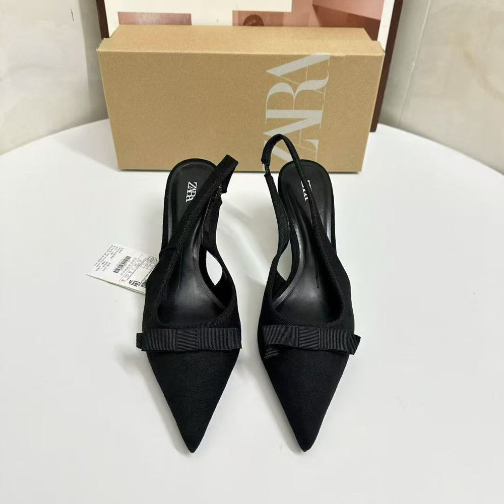 Za2025autum new product black fabric bows open heel high heel mules pointed toe flats back strap flats
