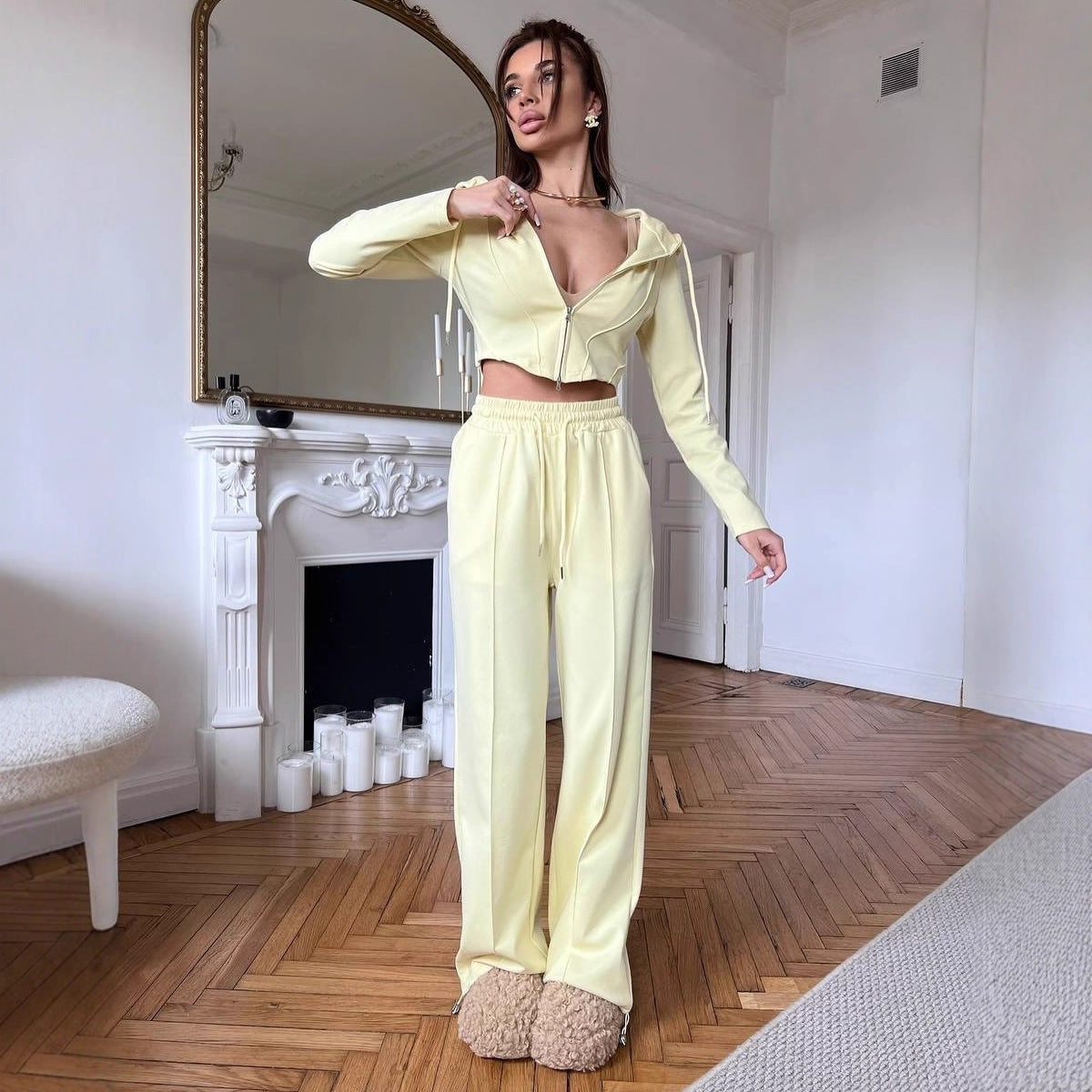 European and American  casual women's suit solid color long-sleeved waist sexy zipper cardigan lace-up trousers two-piece set