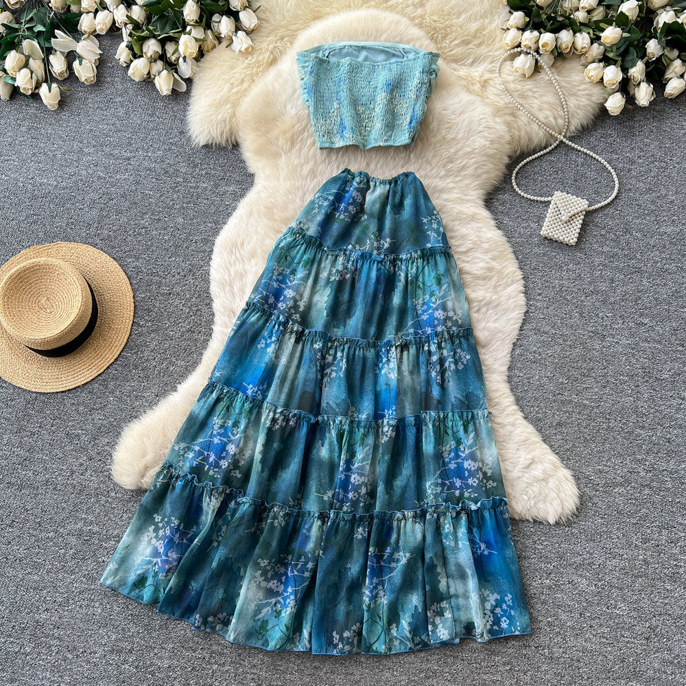 Pure desire wind blue printingtube topsilm two-piece set women's summer slimming look vacation style suit skirt classy