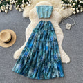 Pure desire wind blue printingtube topsilm two-piece set women's summer slimming look vacation style suit skirt classy