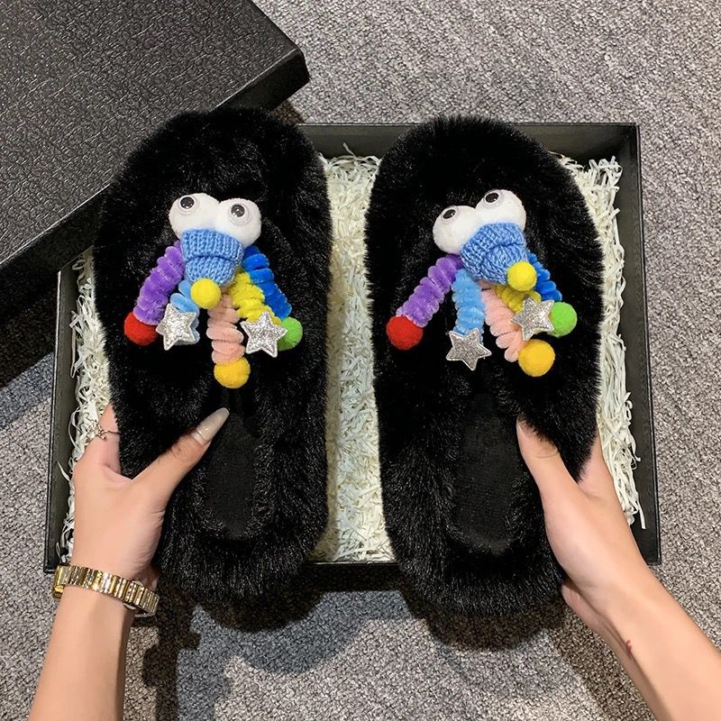 Fuzzy slippers women's outerwear 2025 new korean style ins trendy shoes autumn and winter one-strap thick-soled cotton slippers spring and summer