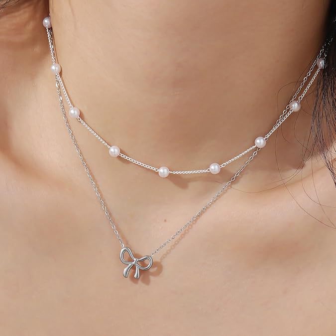 European and american cross-border new multi-layer choker necklace for women, simple and elegant bowknot faux pearl pendant necklace gift