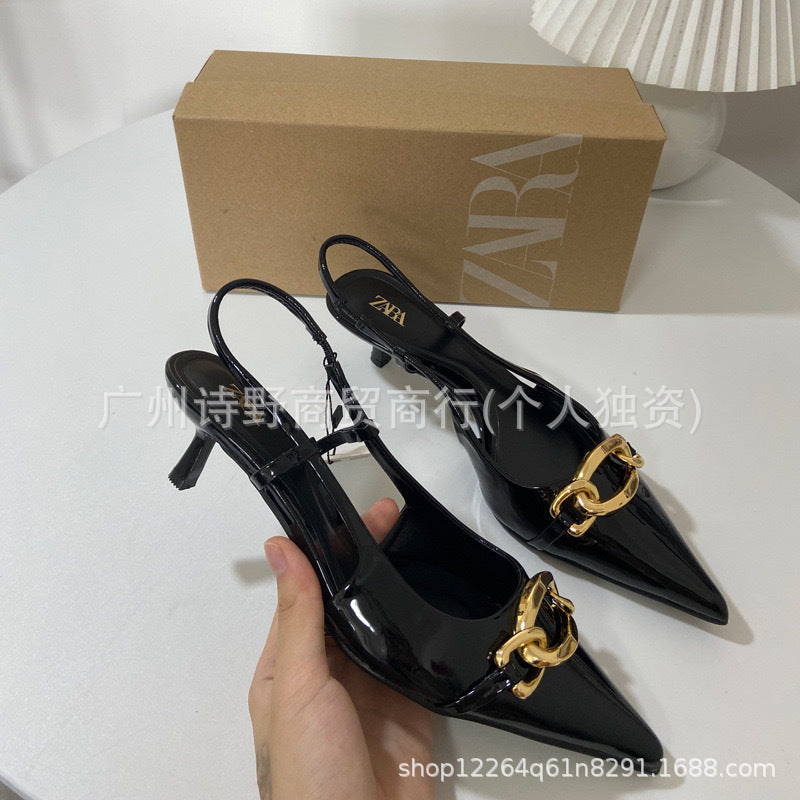 Za women's shoes 2024 summer new pointed toe stiletto heel pumps open back metal strap fashion women's shoes