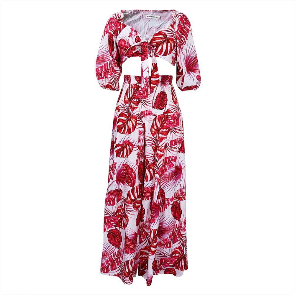 C8469 european and american  new arrival cross-border casual set: printed v-neck tie top and wide-leg pants - two-piece export set