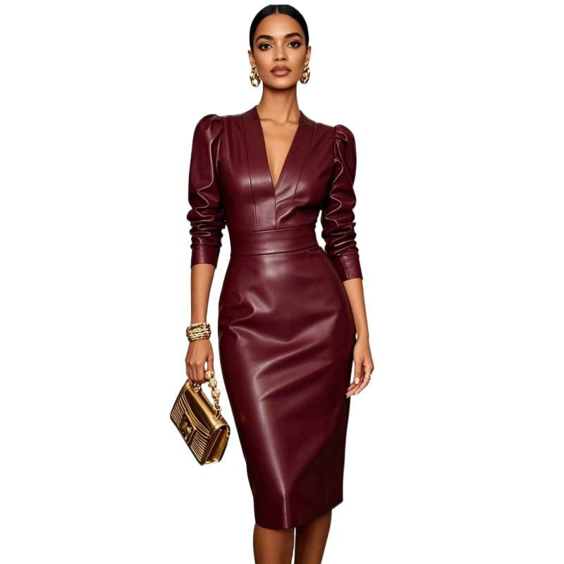 new european and american style fashion v-neck long sleeve fitted leather dress for independent online stores