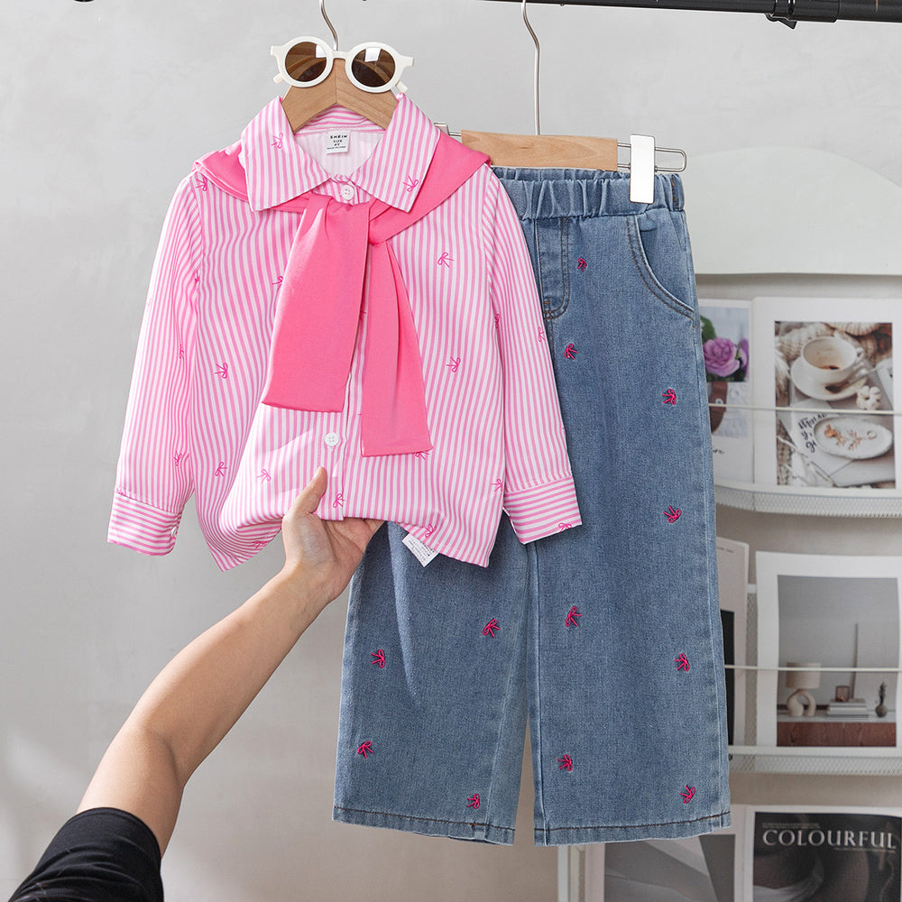 new autumn cross-border girls' collared shirt with color block shawl + embroidered bow denim jeans three-piece set