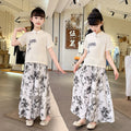 Girls'  new summer outfit set, mid-to-large children's summer clothing, chinese style with a modern twist, chinese-inspired short-sleeve two-piece trendy set
