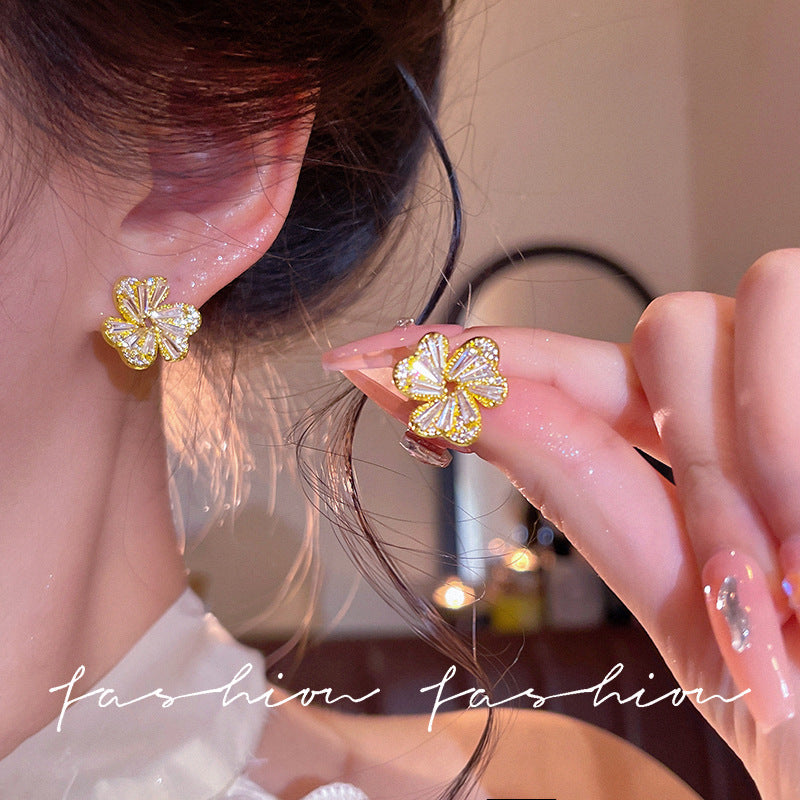 S925 sterling silver needle zircon clover flower earrings - women's luxury, high-end, unique, and elegant stud earrings