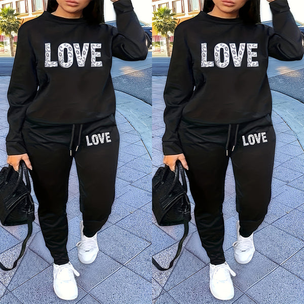S390826 Letter Printed Long Sleeve T-Shirt Trousers Suit Women