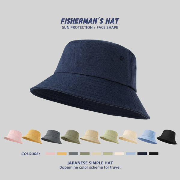 Japanese solid color bucket hat for men and women with the same spring sunscreen sunshade basin hat big head circumference versatile flat top sun hat