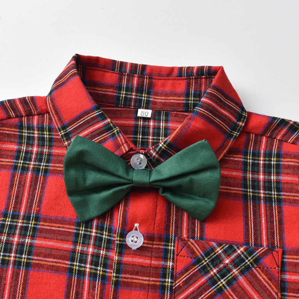 Boys' suit set - new export style, kids' christmas gentleman outfit, long-sleeve plaid shirt, autumn/winter green christmas set