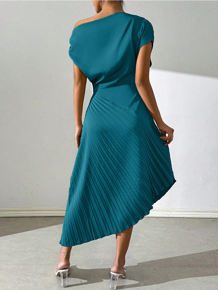 Amazon fashion summer new arrivalelegance oblique shoulder one-line collar pleated hip covering sense of design asymmetricaldress women