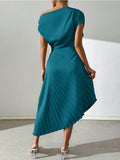 Amazon fashion summer new arrivalelegance oblique shoulder one-line collar pleated hip covering sense of design asymmetricaldress women
