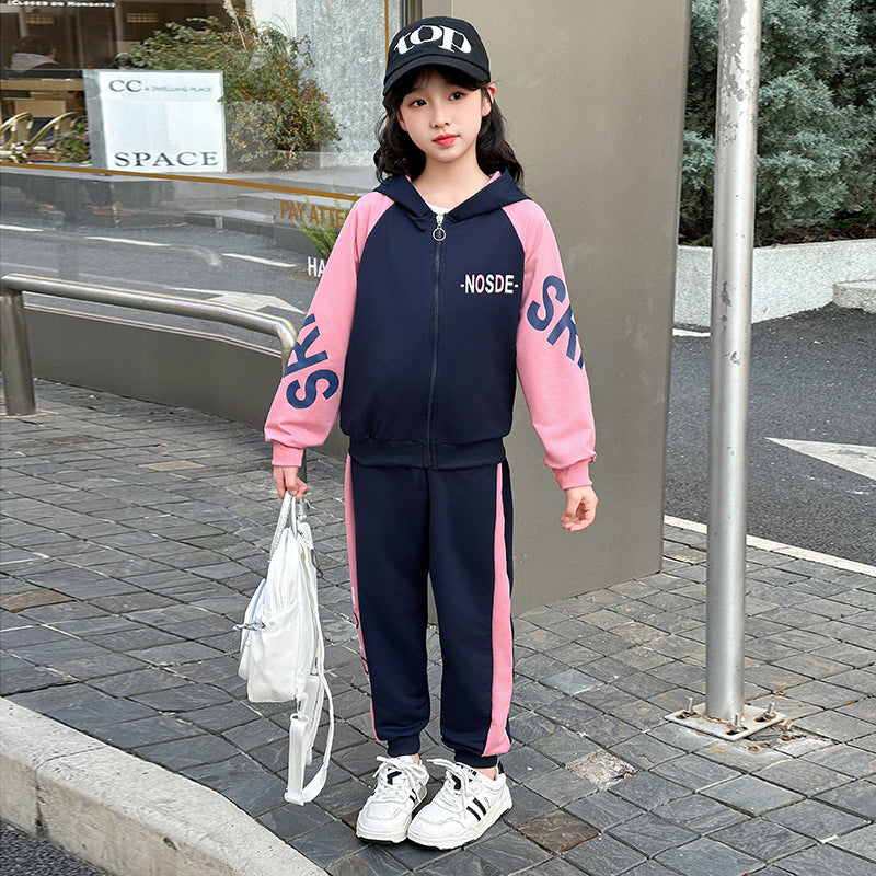mid-to-large size girls' fashionable two-piece set: spring/autumn outerwear and cargo pants korean style outfit