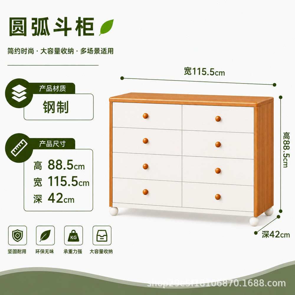 new steel low cabinet with rounded corners, freestanding five-drawer unit, wall-mounted integrated storage cabinet, kids' organizer