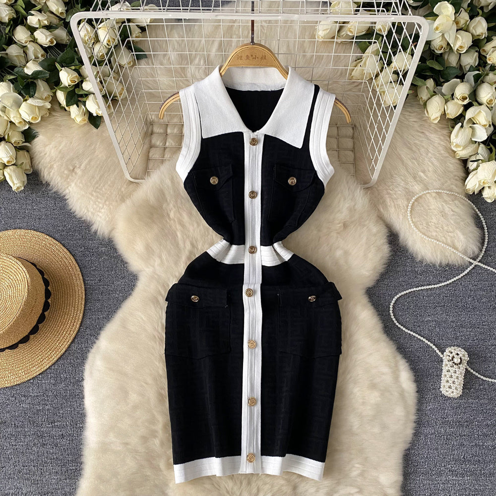 Luxury sleeveless color block knit dress - women's polo collar, single-breasted design, unique and chic