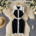 Luxury sleeveless color block knit dress - women's polo collar, single-breasted design, unique and chic