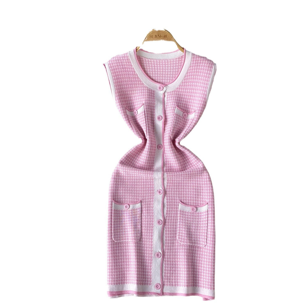Accessible luxury thousand gold wind sleeveless grids knittingdress women's waist slimming design classy unique chic skirt