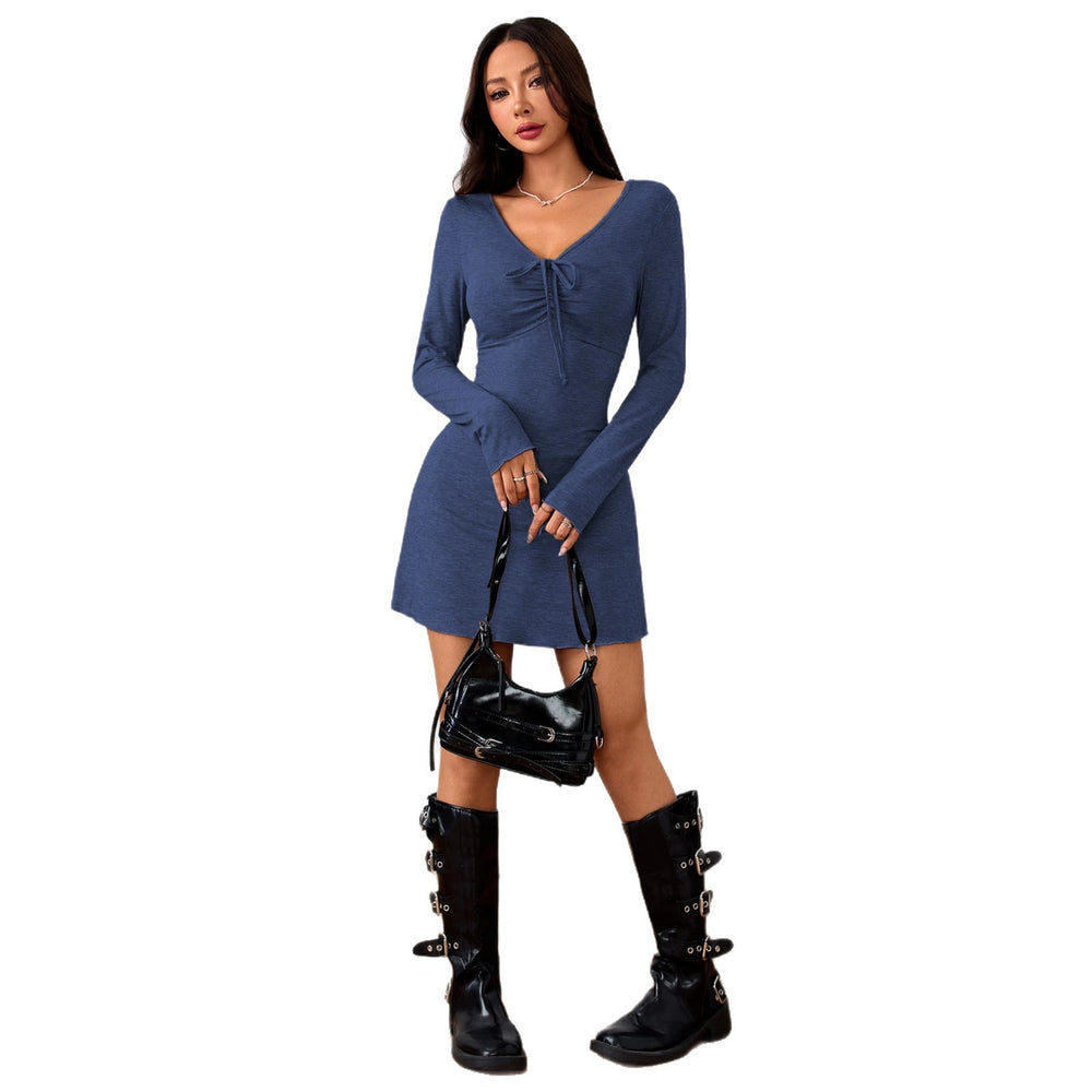 women's pure lust style v-neck drawstring dresslong sleevesilm pleated short skirt hot girl slimming lookeasiest for match skirt