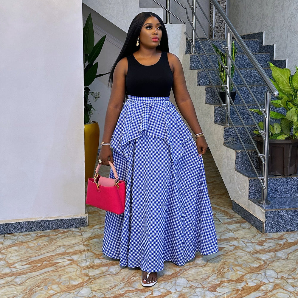 European and american cross-border african women's clothing  summer new fashion casual high-waisted slimming plaid long midi skirt