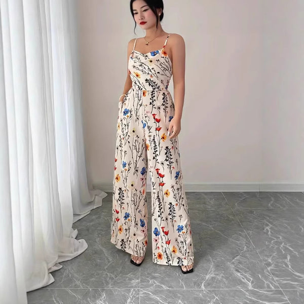 Yama   European and American women's clothing new flower printing suspender one-piece wide-leg pants