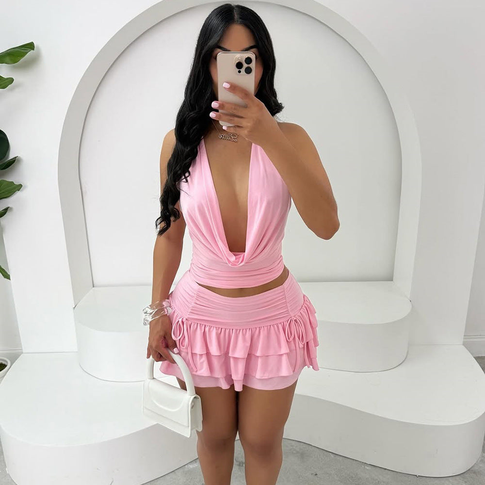 new european and american style women's hollow-out halter neck sexy backless tie-up top and tiered mini skirt two-piece set