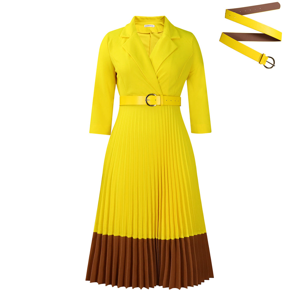D3318  cross-border women's spring blazer collar fashion color block ol elegant pleated high waist african dress