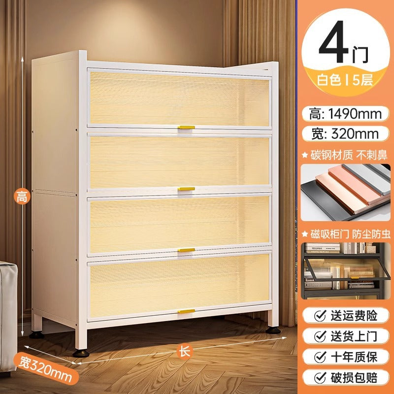 Dustproof iron art flip-door bookcase for home, living room, bedroom, multi-layer floor storage cabinet, student and children's bookshelf organizer
