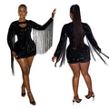 C6611 cross-border   fashion women's solid color sequin tassel long sleeve mini dress