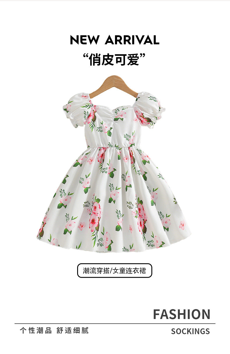 Girls' white dress for export - french style pink floral print, lantern sleeves, sweet summer princess dress for children