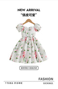 Girls' white dress for export - french style pink floral print, lantern sleeves, sweet summer princess dress for children