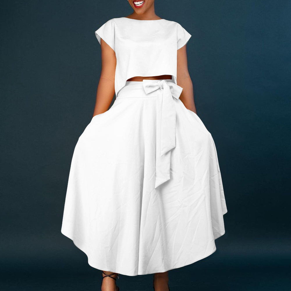 D3205 european and american plus size women's clothing  new fashionable and elegant casual top and flared midi skirt foreign trade set