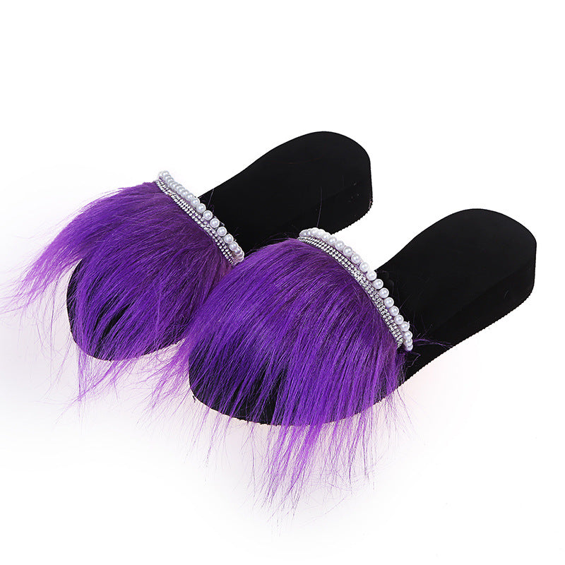 2025 summer new fuzzy slippers women's thick sole slides beach rhinestone pearl wedge flip flops