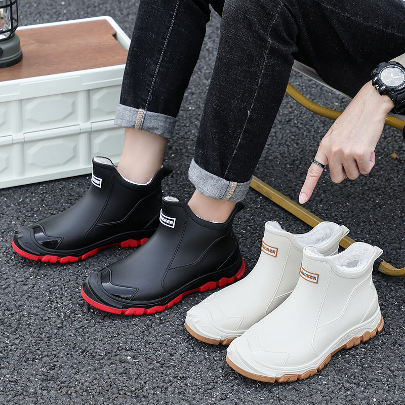 Men's rain boots - autumn/winter outdoor fishing waterproof short boots - men's non-slip kitchen/takeout water shoes - fleece-lined cotton boots