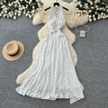 French halter polka dot pure desire backless dress women's summer v neck waist elegant vacation style elegant long skirt