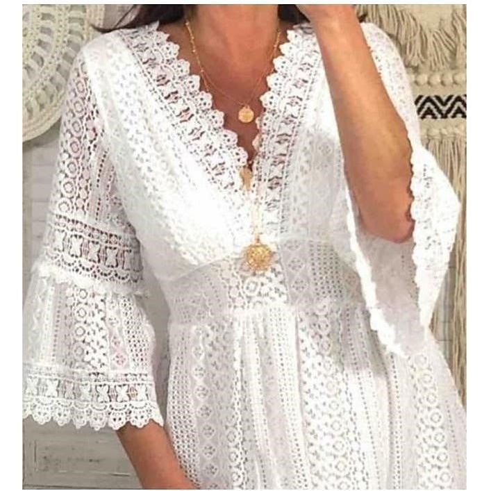 european and american  spring new arrivals: european and american export v-neck hollow-out lace flared sleeve dress