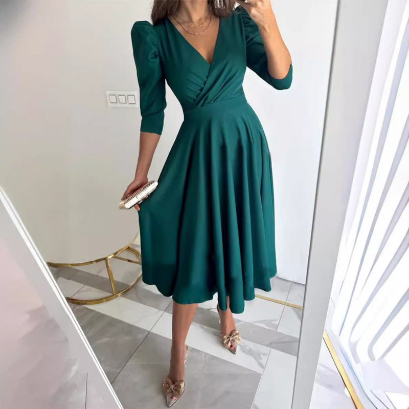 fashion women's clothing:  spring collection - solid color v-neck, cinched waist, pleated maxi dress