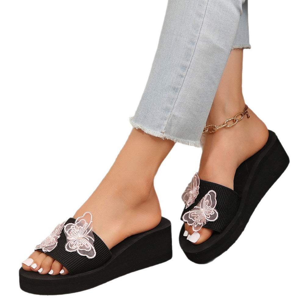Women's spring/summer outdoor slippers - pearl butterfly thong sandals - high heel beach slippers - chunky sole flip-flops