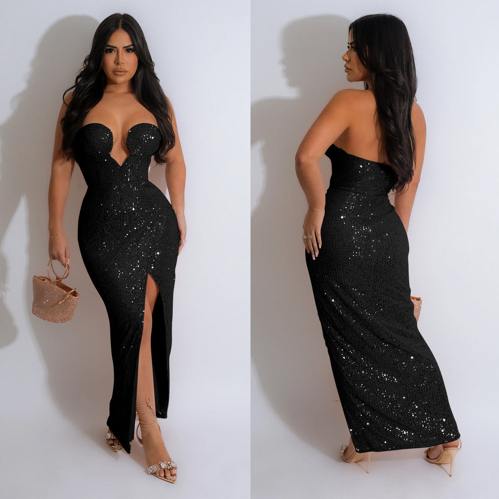 C6782 cross-border   fashion women's solid color sexy sequin backless maxi dress