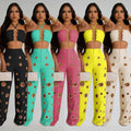 C7313 cross-border   fashion women's sexy eyelet metal buckle pants two-piece set new