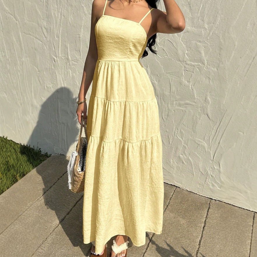 european and american cross-border yellow french style sleeveless slip dress