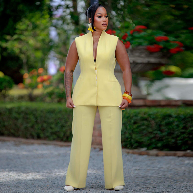 European and american women's clothing  autumn new collection: sweet and fresh v-neck sleeveless blazer top and high-waisted straight-leg pants two-piece set