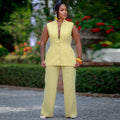 European and american women's clothing  autumn new collection: sweet and fresh v-neck sleeveless blazer top and high-waisted straight-leg pants two-piece set