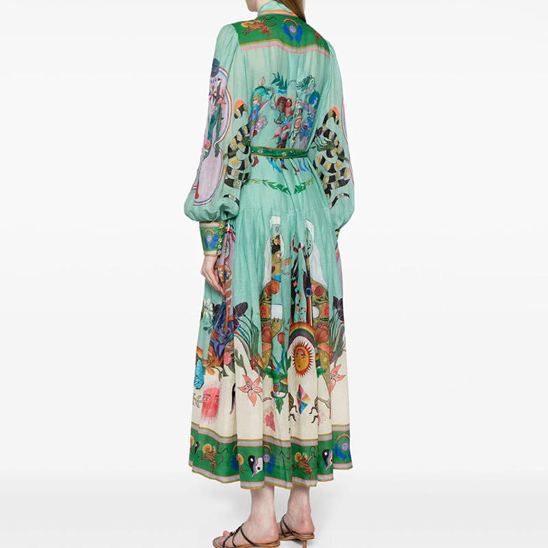 cross-border e-commerce european and american women's clothing: new summer collection - printed turn-down collar lantern sleeve cinched waist dress (style 661)