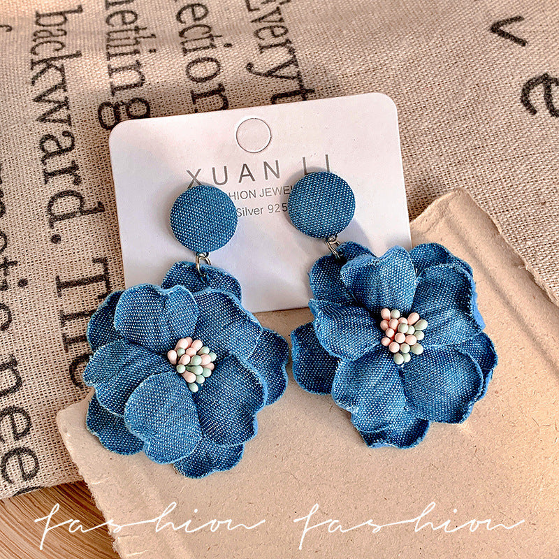 2026 spring/summer new collection: blue fabric flower earrings - french vintage, vacation-ready, statement-making, denim-inspired, and flattering