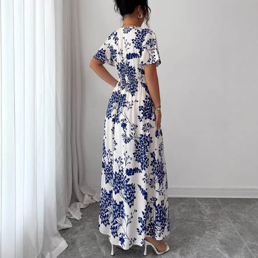 new european and american summer print v-neck maxi dress